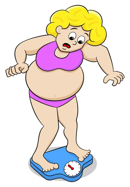 Overweight woman on bathroom scale — Stock Vector