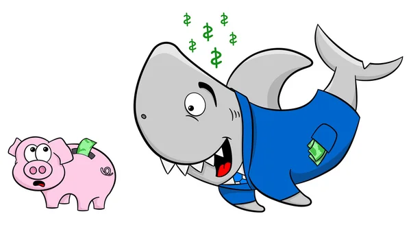 Lachende financiële haai en bang piggy bank — Stockvector