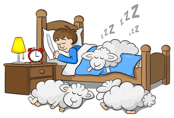 Moutons s'endorment sur le lit d'un homme endormi — Image vectorielle