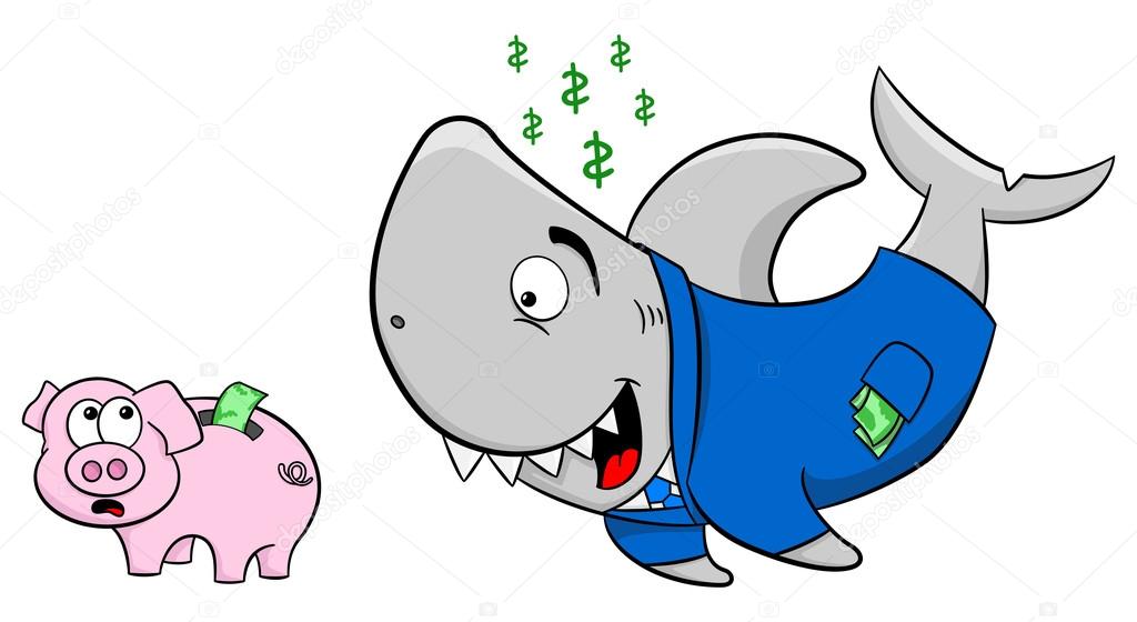 smiling financial shark and frightened piggy bank