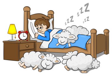 sheep fall asleep on the bed of a sleepless man clipart