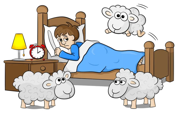 Овцы прыгают через кровать бессонного человека — стоковый вектор