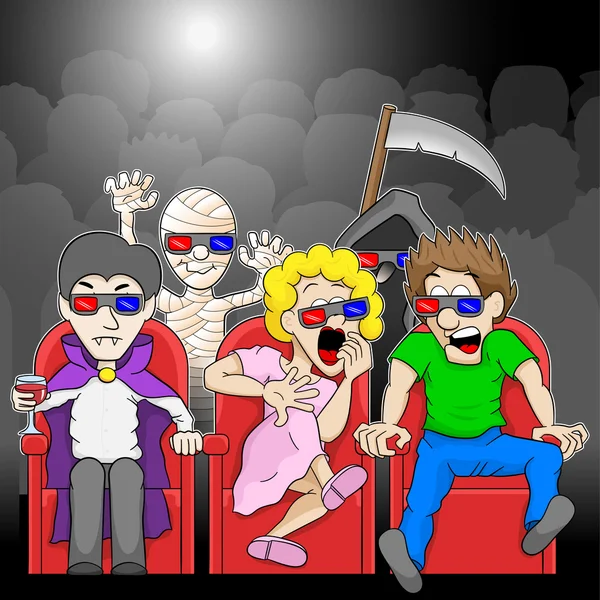 Pareja está viendo una película de terror en 3D en un cine — Vector de stock