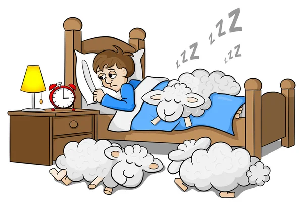 Sheep fall asleep on the bed of a sleepless man — Stock Vector