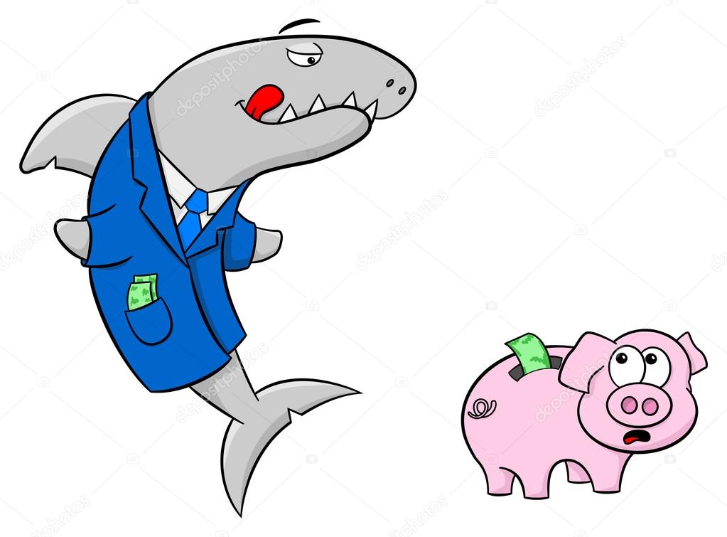 smiling financial shark and frightened piggy bank