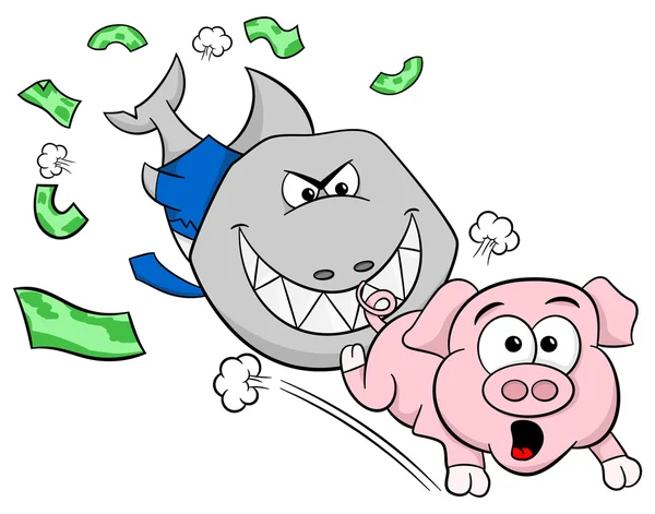 Tubarão financeiro sorrindo está caçando um porquinho assustado —  Vetores de Stock