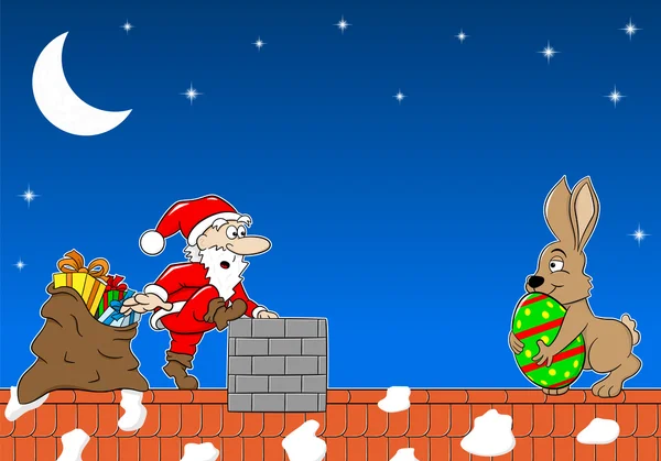 Weihnachtsmann trifft Osterhase auf dem Dach — Stockvektor