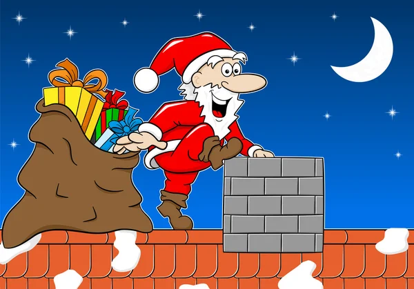 Papai Noel no trabalho em um telhado — Vetor de Stock