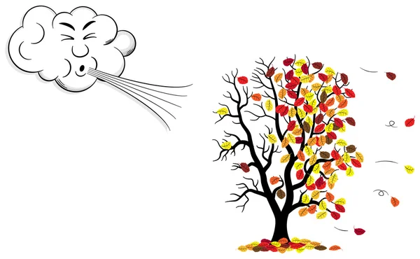 Cartoon cloud that blows wind to a tree who loses fall foliage — Stock Vector
