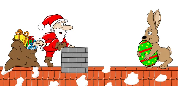 Święty Mikołaj spotyka easter bunny na dach — Wektor stockowy