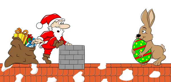 Santa claus se encuentra con el conejo de Pascua en un techo — Vector de stock