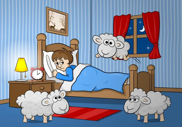 Schafe springen über das Bett eines schlaflosen Mannes — Stockvektor