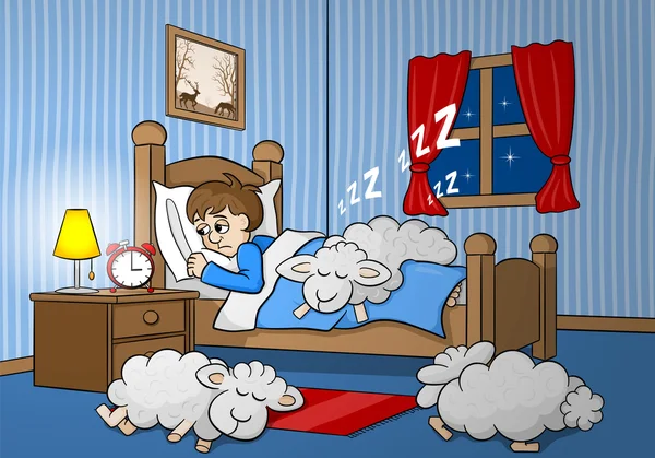 Ovejas se duermen en la cama de un hombre insomne — Vector de stock