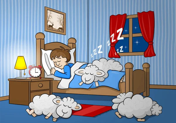 Moutons s'endorment sur le lit d'un homme endormi — Image vectorielle