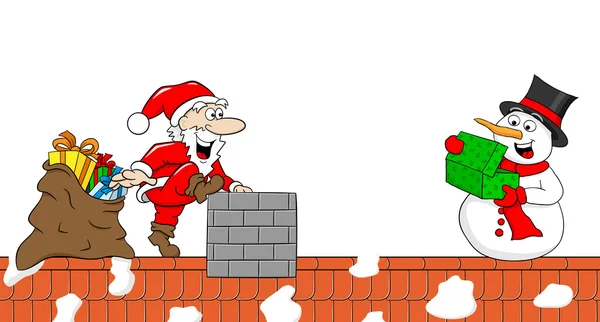 Santa claus daje prezent do bałwana na Boże Narodzenie — Wektor stockowy