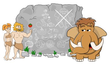 mammoth explains paleo diet using a food pyramid drawn on stone clipart