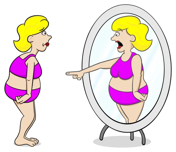 Thick woman looks in the mirror — Stock Vector