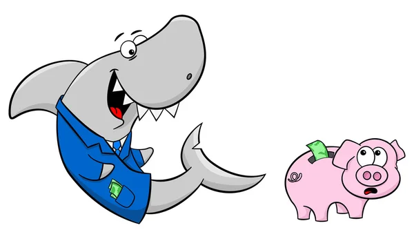 Smiling financial shark and frightened piggy bank — Stock Vector