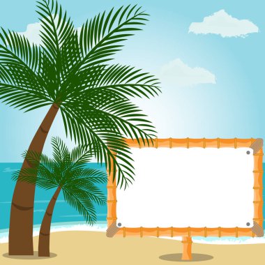 Plaj manzarası, palmiye ağaçları ve kumların üzerinde düzenlenebilir posterler.