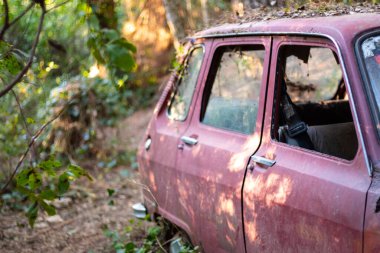 Ormanın ortasında kırmızı terk edilmiş, kırık ve paslı bir araba.