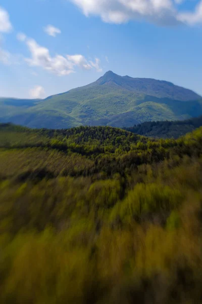 カタルーニャ州モンセニーの晴れた日に焦点をティルトシフトと山の頂上から緑の山の森の風景 — ストック写真