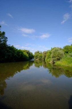 Mavi güneşli gökyüzünün altındaki yeşil bir ormanın üzerinde geniş nehir suyu manzarası