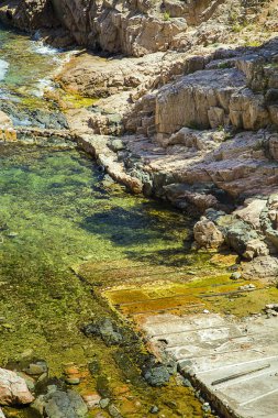 Rock shore bir iskele üzerinde yeşil kıyı su ile