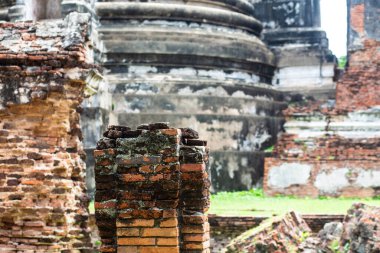 Old ruined buddhist temples and Palace in a green forest park in Ayutthaya landmark, Thailand