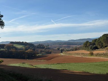 Girona, Katalonya 'da sonbahar mevsiminde kahverengi ve yeşil tarlaları ve çayırları olan güzel kırsal alan