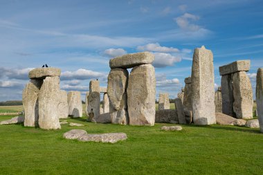 Stonehenge, Cotswolds 'daki güzel mavi bulutlu gökyüzünün altında yeşil bir tarlada bulunan ünlü İngiliz tarihi simgesi.