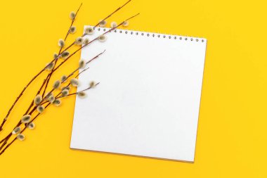 Sarı arka planda boş not defterine yumuşak söğüt dalları, taklit et. Bahar ve Tatil Mutlu Paskalyalar ve Palm Sunday. Düz konum, üst görünüm, metin için boşluk kopyala. Şenlikli menü, alışveriş listesi, tarif.