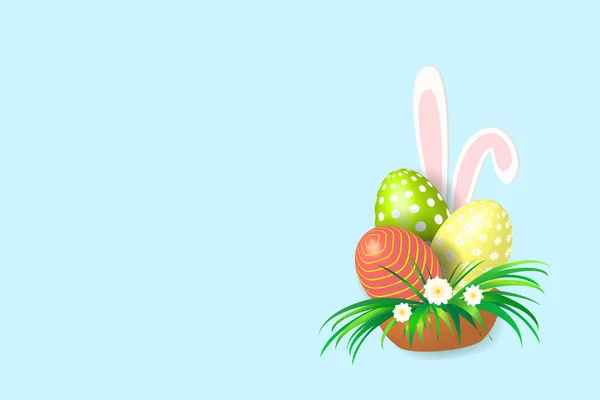 Felice Pasqua Sfondo Blu Con Realistiche Uova Dipinte Cesto Con — Foto Stock