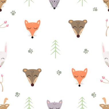Şirin orman hayvanları, bebek kıyafetleri için kusursuz desenler, tekstil izleri. Kurt, tilki, tavşan, ayı, geyik başı. Beyaz arka planda çocuk vektör çizimi, ağaç ve böğürtlen. Çocuk odası dekorasyonu.