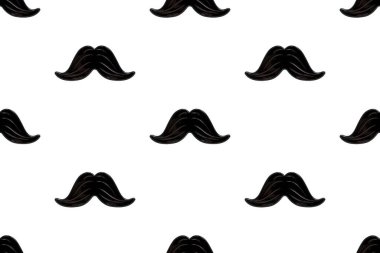 Beyaz arka planda izole edilmiş hippi siyah bıyıklı kusursuz desen. Babalar günün ve erkeklik anlayışın kutlu olsun. Ambalaj kağıdı, kumaş ve çocuk tekstil ürünleri için eski moda bıyık tasarımı..