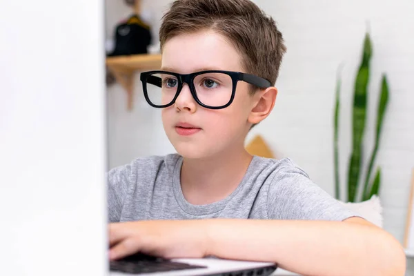 Close Serious Smart Boy Glasses Works Laptop His New Project — Foto de Stock