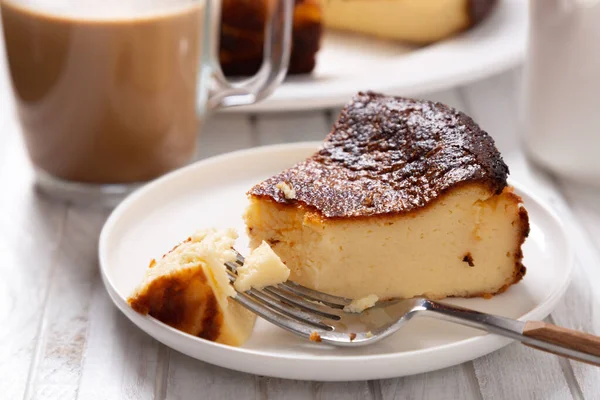 Portion Traditional Basque Cheesecake Cup Coffee — Stock Photo, Image