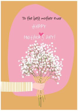 Hand of a person giving a bouquet of white flowers to mum. Happy mothers day greeting card. Vector illustration clipart