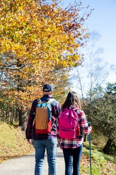 Father His Teenage Daughter Backpacks Sticks Hiking Autumn Sunny Day — ストック写真