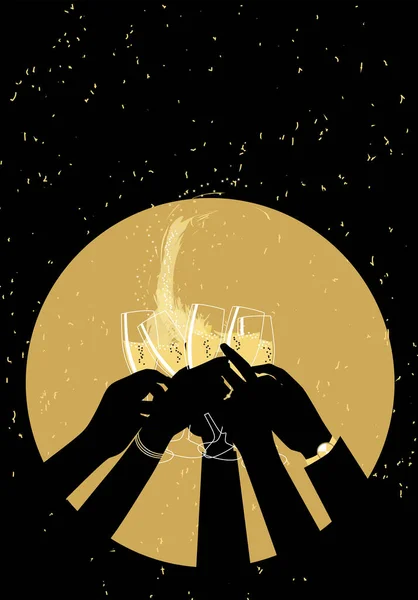 黄金のコンフェッティが落ちる間 夜のパーティーでシャンパンで乾杯する人々のグループの腕のシルエット ベクターイラスト — ストックベクタ