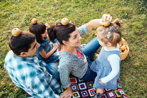 Gelukkige familie van vier liggen in het gras spelen met appels in een — Stockfoto