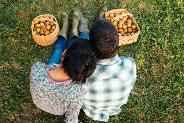 Paar rusten op het gras in de herfst na het oppakken van appels — Stockfoto