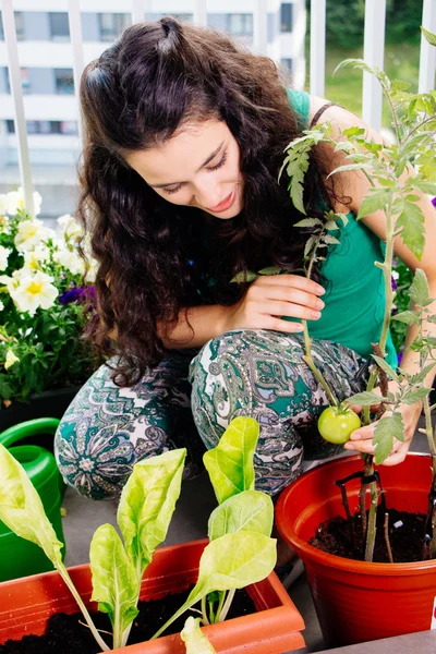 Jonge vrouw verzorgen van haar kleine boomgaard op het balkon — Stockfoto