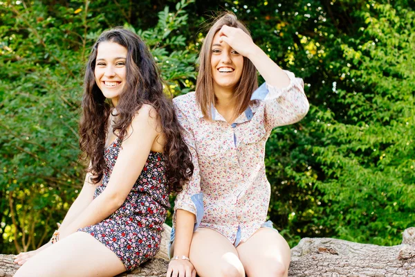 Meninas engraçadas sentadas em um tronco — Fotografia de Stock