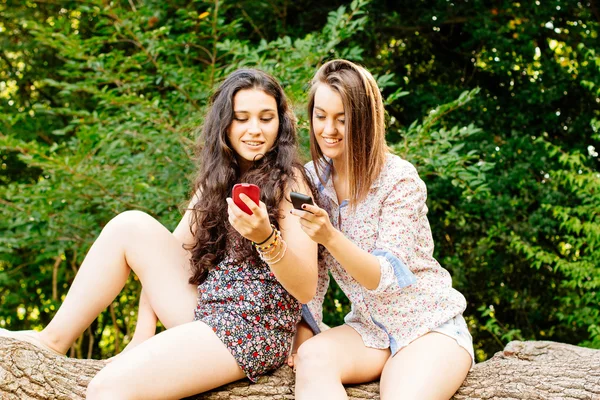 Chicas sentadas en un maletero usando sus teléfonos móviles —  Fotos de Stock