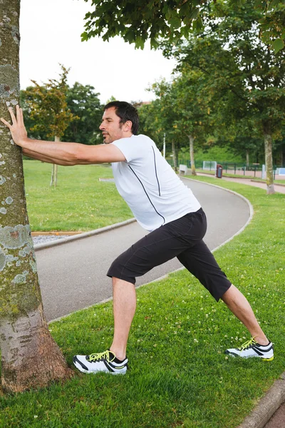 Hombre adulto haciendo ejercicios de estiramiento usando un árbol —  Fotos de Stock