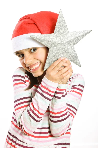 Bambina di Natale con stella albero — Foto Stock