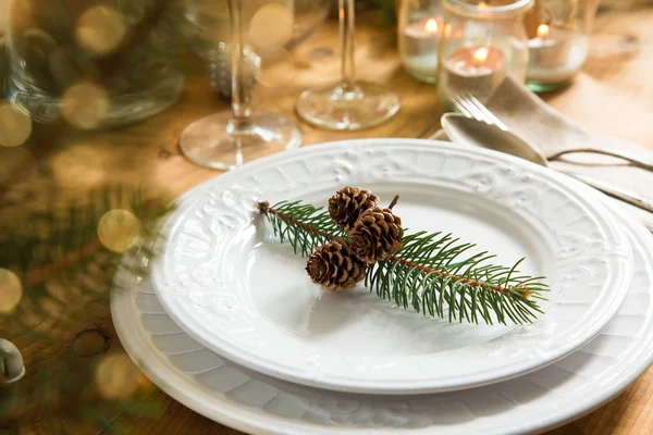 Enfeites naturais para definição de mesa de Natal — Fotografia de Stock