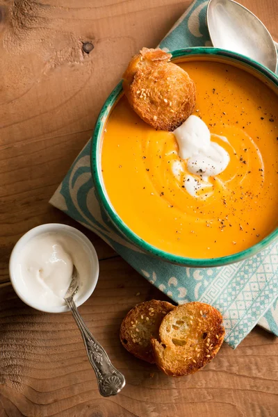 Pumpkin soup with coconut cream and spices — Stock Image Pumpkin soup with coconut cream and spices Royalty Free Stock Photos