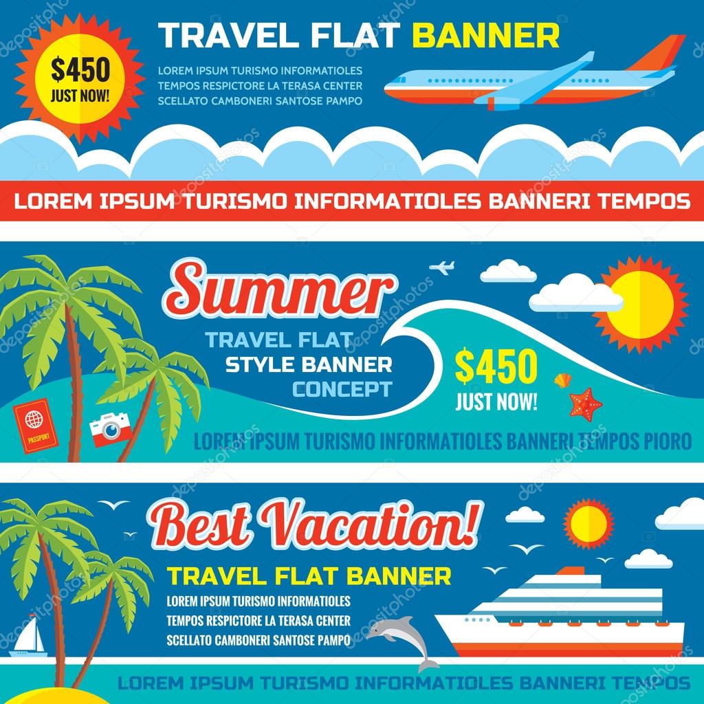 Summer travel - decorative horizontal vector banners set in flat style design trend. Summer travel vector backgrounds. Summer vacation layout. Summer, travel and transport flat icons. Design elements.