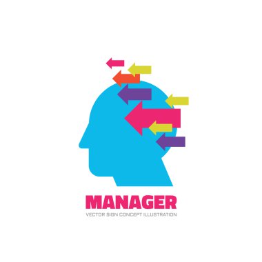 Vektör logo konsept illüstrasyon yönetin. Yaratıcı bir fikir logosunu görmeniz gerekir. İnsan baş logo simge. Öğrenme logosunu görmeniz gerekir. Eğitim logo işareti. Düşünme logo işareti. Beyin logo işareti. Hayal logo tasarımı. İnsan kafası ve okları